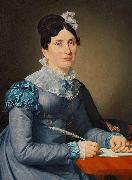 Portrat af Sarah Wolff f. Cruttendon siddende i bla kjole, skrivende et brev Christoffer Wilhelm Eckersberg